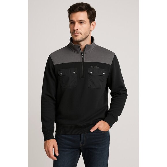 Calvin Klein Sweater Mens M Grey 1/4 Zip Pullover sweater snap pockets - Picture 1 of 10